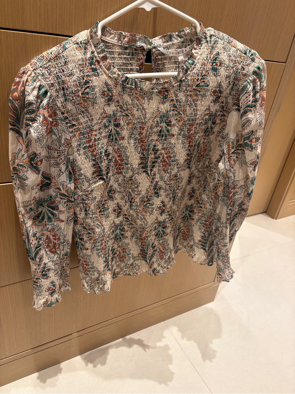 Veronica Beard Cream Paisley Smocked Long-Sleeve Blouse size 8